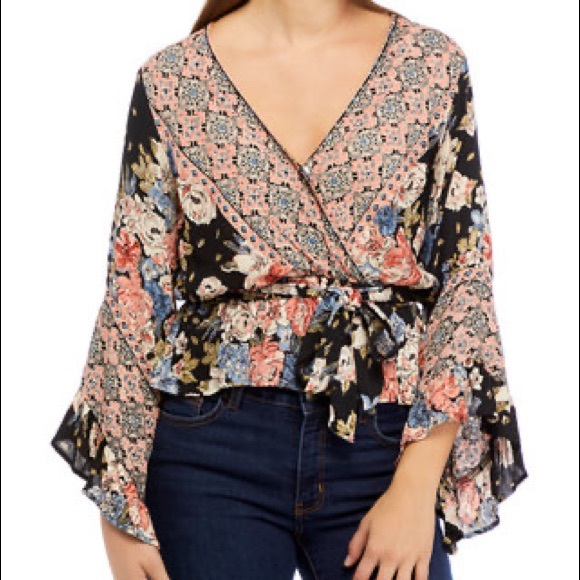 Angie Tops - ANGIE | Long Sleeve Surplice Floral Printed Tie Woven Top Womens Plus Size 3XL